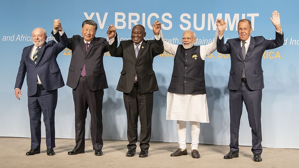 (From left) President Lula da Silva of Brazil, President of China Xi Jinping, President of South Africa Cyril Ramaphosa, Prime Minister of India Narendra Modi and Foreign Minister Sergei Lavrov, in a family photo, Luiz Inacio Lula da Silva in 2023