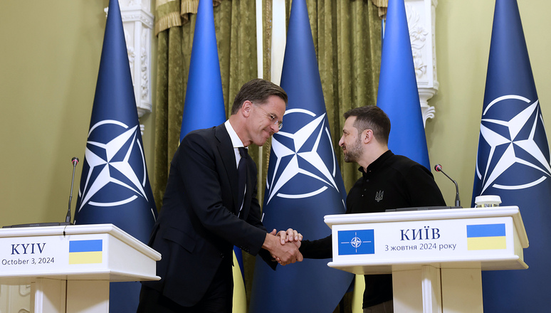 NATO Secretary General Mark Rutte with Ukrainian President Volodymyr Zelenskyy in Kyiv during his first official visit as Secretary General on 3 October 2024.