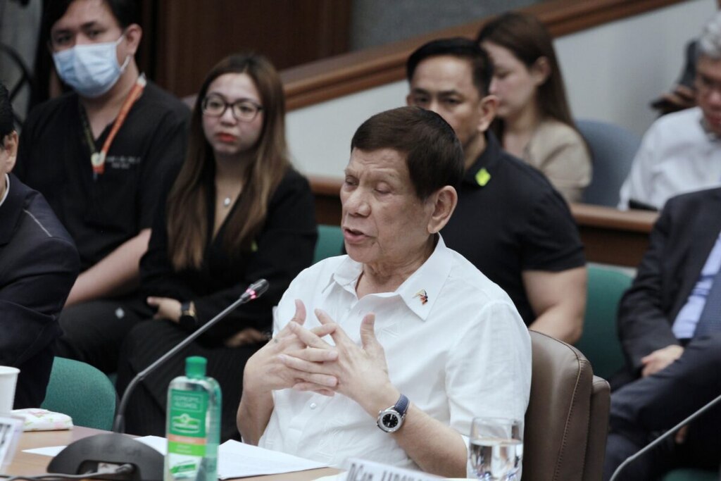 Former President Rodrigo Roa Duterte attends the hearing of the Senate Blue Ribbon Committee probe into the War on Drugs, on October 28, 2024