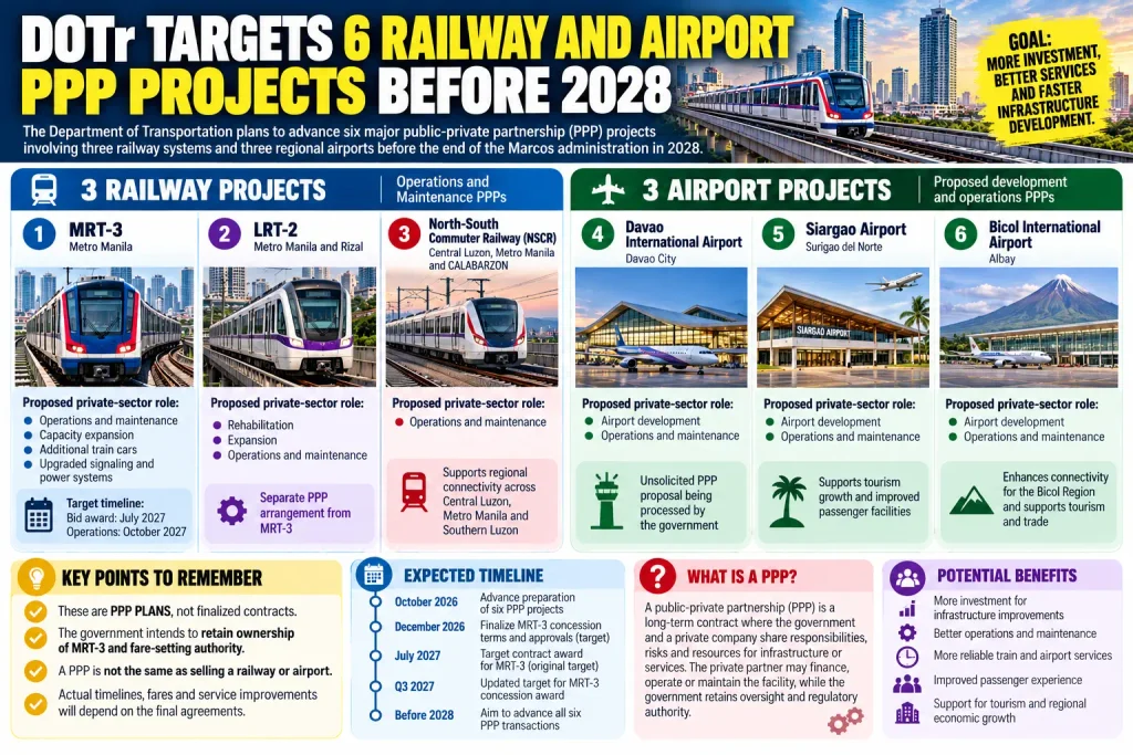 The DOTr plans six railway and airport PPP projects involving MRT-3, LRT-2, NSCR, Davao, Siargao and Bicol airports.