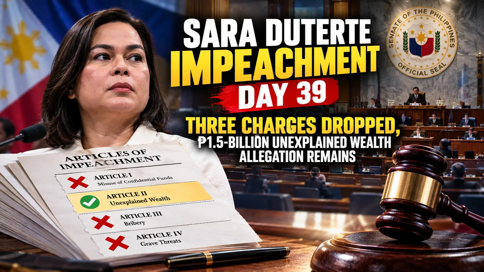 Sara Duterte impeachment Day 39: Three charges withdrawn, unexplained wealth allegations remain. Full Senate ruling, defense response and trial schedule.